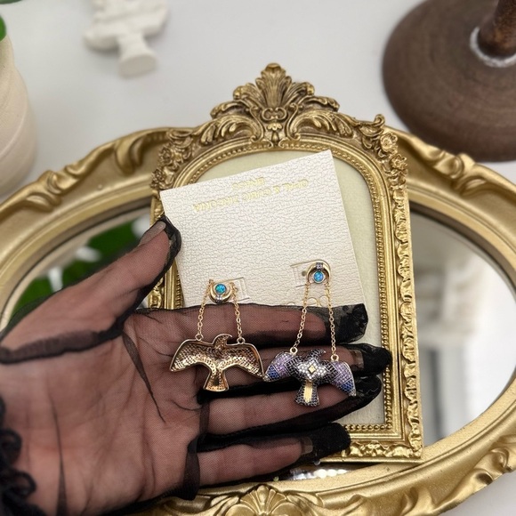 Persimmon Opal & Cubic Zirconia Bird Drop Earrings – Luxe Boho Statement - Picture 9 of 10